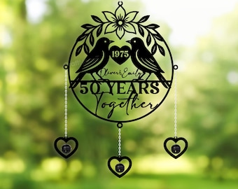 Personalized 50th Wedding Anniversary Lovebirds Wind Chime, Metal Outdoor Hanging Decoration, Golden Celebration Gift for Couples
