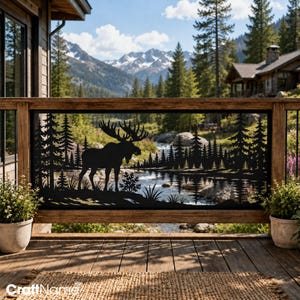 Moose by the Lake Metal Railing Panel, Pine Forest Mountain Deck Insert, Cabin Outdoor Privacy Screen
