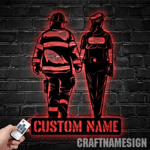 Personalized Firefighter Police Metal Wall Light, Firefighter Metal Sign, Custom Name Sign, Firefighter Wall Decor, Firefighter Lover Gifts