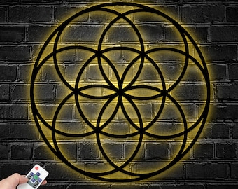 Sacred Geometry Metal Wall Art Led Light, Home Meditation Metal Yoga Wall Deco, Zen Metal Home Decor, Flower of Life, Metatron Cube Wall Art