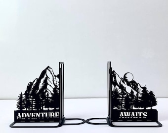 Custom Mountain Forest Metal Bookend For Desk Decor, Wild Forest Mountain Book End, Book Stand Black Metal Art, Book Nook Office Decor