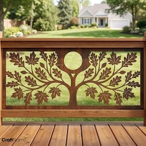 May include: A rectangular metal railing insert featuring a laser-cut design of a tree with detailed oak leaves and a central circular opening. The metal has a rusted, weathered finish and is framed by natural-toned wooden horizontal beams.