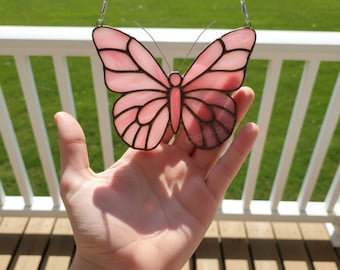 Pink Butterfly Stained Glass Panel, Handcrafted Glass Suncatcher for Window, Porch or Front Door Decoration, Gift for Butterfly Lovers