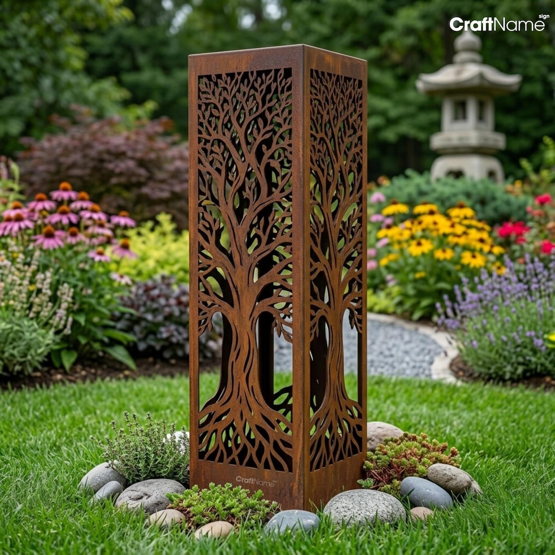 Column Design Tree Decor Tree of Life Garden Column, Rustic Metal Yard Art, Decorative Outdoor ...