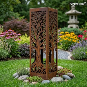 Tree of Life Garden Column, Rustic Metal Yard Art, Decorative Outdoor Sculpture, Patio Pillar Decor