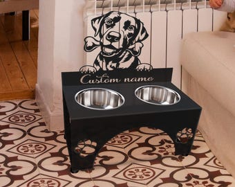 Personalized Dog with Bone Metal Pet Food Bowl Holder, Dog Bowl Stand, Pet Bowl Holder Sign, Food Stand for Dog Sign, Dog Feeder Decor