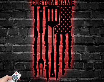 Custom BBQ US Flag Metal Sign, BBQ Grilling Restaurant Led Sign, Personalized Barbecue Restaurant Name Metal Sign, Home Grill Bar Led Light