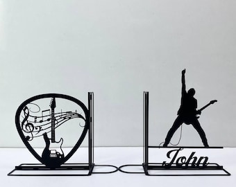 Sujetalibros personalizado de guitarra rock metal, sujetalibros con nombre de banda de música y guitarrista personalizado, soporte para libros de arte en metal negro, decoración para rincón de lectura u oficina