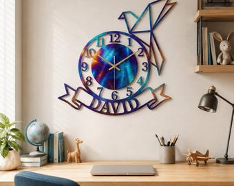 Fire Roasted Origami Crane Metal Wall Clock, Personalized Wall Art for Living Room or Bedroom Decor