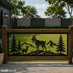May include: A black metal decorative railing panel featuring a laser-cut silhouette of an adult goat and a kid standing on a rocky hill, flanked by pine trees and mountain peaks in the background, set within a sturdy wooden frame structure.
