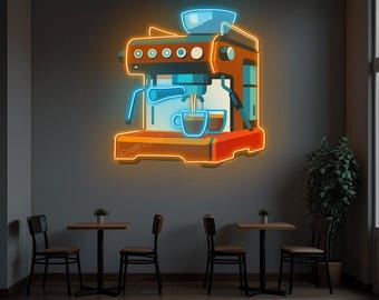 May include: A neon sign depicting a coffee machine in orange, red, and white with blue accents. The sign is mounted on a gray wall above small tables and chairs, suggesting a cafe setting. The sign has the text "CraftName" on it.