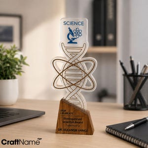 Targa commemorativa incisa per il premio al merito di ricerca scientifica, in acrilico e legno, dedicata agli scienziati del DNA.
