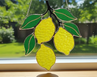 Lemon Stained Glass Suncatcher, Handcrafted Window Hanging for Kitchen, or Summer Home Decor, Unique Gift for Fruit Lovers or Gardeners