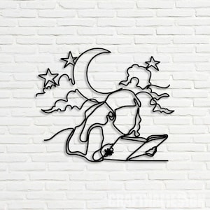 Crescent Moon Women Book Reading Metal Wall Art LED | Minimalist Line Art Light Book Lover Sign Home Decor | Read Books Nursery Decoration