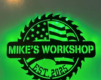 Custom Wood Shop Metal Wall Art LED Light, Personalized Lumberjack Carpentry Sign, Wood Carpenter Shop Wall Decoration, Gift For Dad