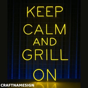 Mantieni la calma e griglia sull&#39;insegna al neon, insegna a led Steak House Grill Bar, insegna al neon personalizzata, arredamento ristorante barbecue, luce a led ristorante barbecue