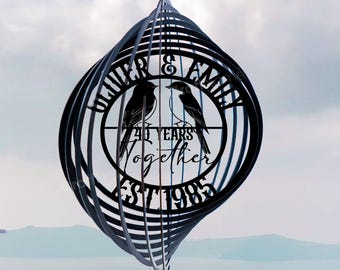 Personalized 40th Wedding Anniversary Lovebirds Metal Wind Spinner, Outdoor Metal Wind Spinner For Garden Decor, Lovebirds Hanging Spinner