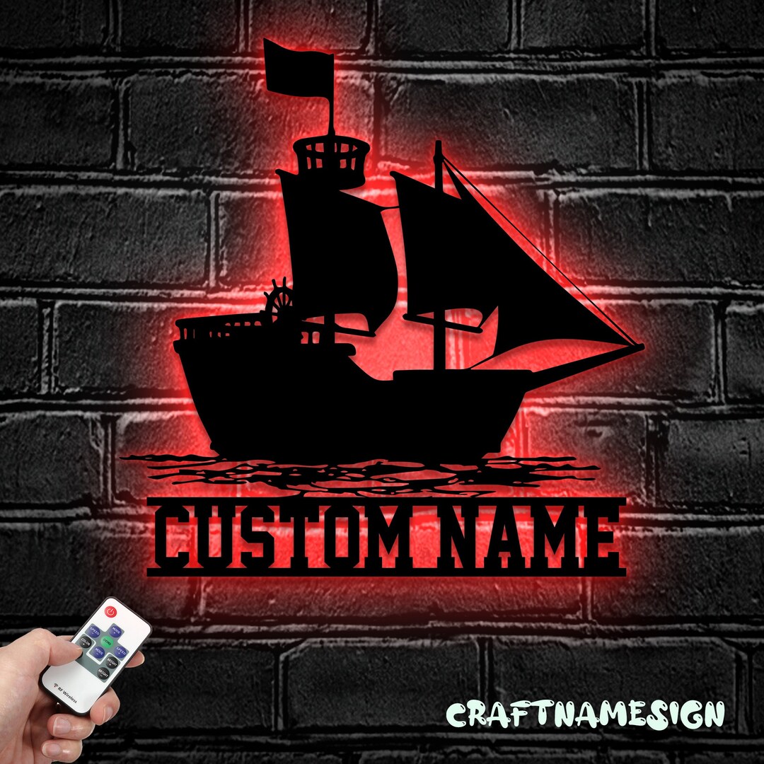 Custom Sailing Ship Metal Wall Art LED Light Personalized Sailboat Name