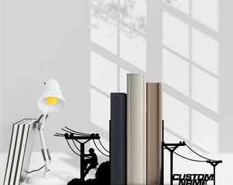 Custom Lineman Table Bookend, Personalized Lineman Office Name Book End, Book Stand Black Metal Art, Book Nook Office Decor for Book Lover
