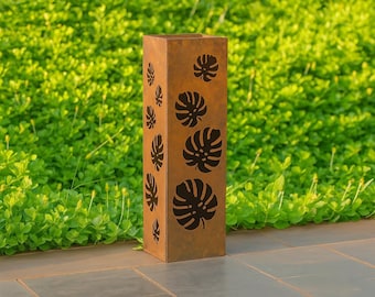 Rostige Monstera Blatt Metall Gartensäule, Landschaftsdesign Hof Dekor, Garten Skulptur Kunst im Freien, kundenspezifische Stahl Gartenmöbel, gut Abdeckung