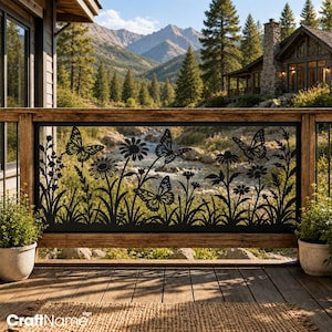May include: A black metal decorative railing panel featuring a laser-cut design of butterflies, daisies, and various wildflowers. The rectangular panel is framed by a wooden structure and displays a detailed silhouette of nature-inspired motifs.