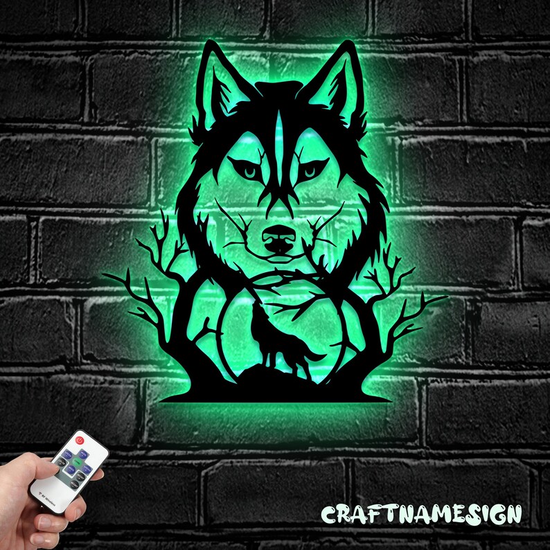 Wolf in Forest Metal Wall Art LED Light - Wolf Moon Sign Home Decor ...