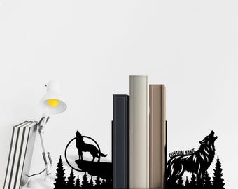 Sujetalibros metálico personalizado con forma de lobo y luna para letreros literarios, arte metálico para sujetalibros de amantes de los lobos, decoración de soporte para libros metálicos con forma de lobo, decoración de soporte para libros