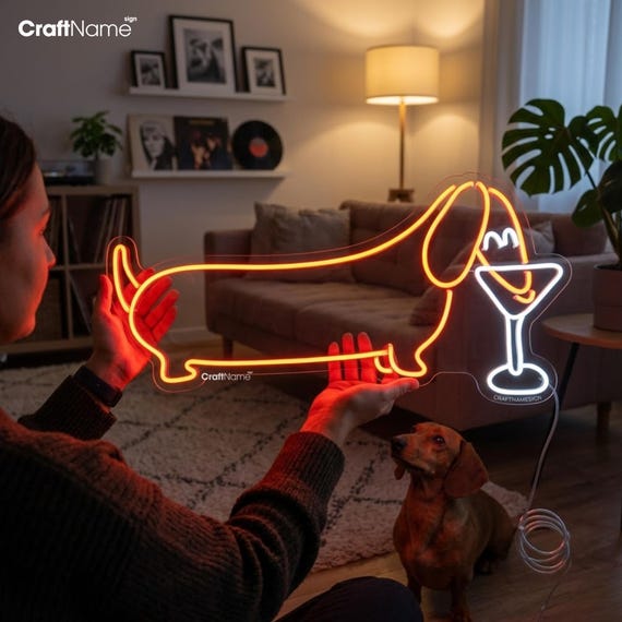 Dachshund Martini Neon Sign, Cocktail Bar Decor, Custom LED Sign
