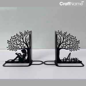 Custom Girl Read Book Under Tree Of Life Book End, Reading Book Book End, Book Stand Black Metal Art, Book Nook Office Decor for Book Lover
