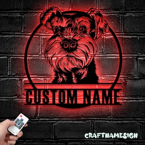 Custom Peeking Miniature Schnauzer Metal Wall Art LED Light - Personalized Dog Lover Name Sign Home Decor - Ideal para la decoración del hogar y el regalo