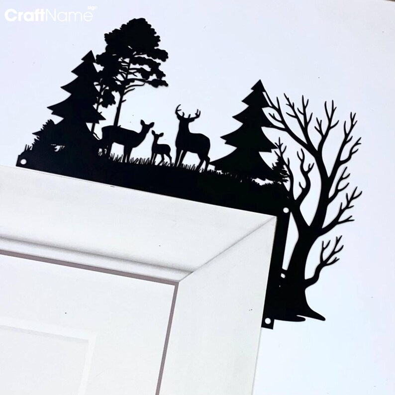 Deer Family in Forest Metal Door Corner Decor, Deers Door Topper, Deer