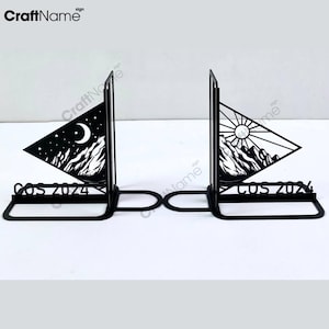 Personalized Day and Night Bookend, Custom Mountain Sun Moon Book End, Book Stand Black Metal Art, Book Nook Office Decor for Book Lover