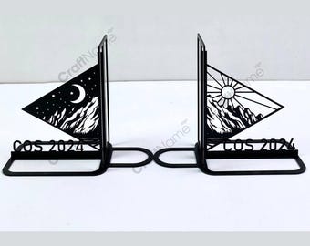 Personalized Day and Night Bookend, Custom Mountain Sun Moon Book End, Book Stand Black Metal Art, Book Nook Office Decor for Book Lover