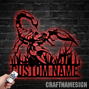Personalisierte Skorpion-Metall-Wand-Kunst-LED-Licht, benutzerdefinierte Skorpion-Liebhaber-Namensschild-Wohnkultur, Haustier-Insekten-Kind-Kinderzimmer-Dekoration Geburtstagsgeschenk