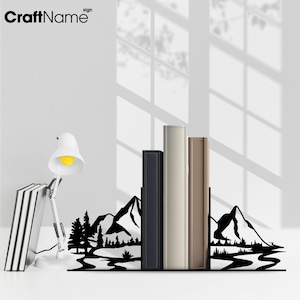 Mountain Peak Metal Table Book End, Personalized Mountain River Book End, Book Stand Black Metal Art, Book Nook Office Decor for Book Lover