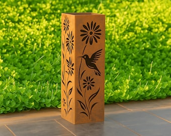 Rustic Rusty Hummingbird Metal Garden Column, Landscape Design Yard Decor, Outdoor Garden Sculpture Art, Custom Garden Furniture, Well Cover