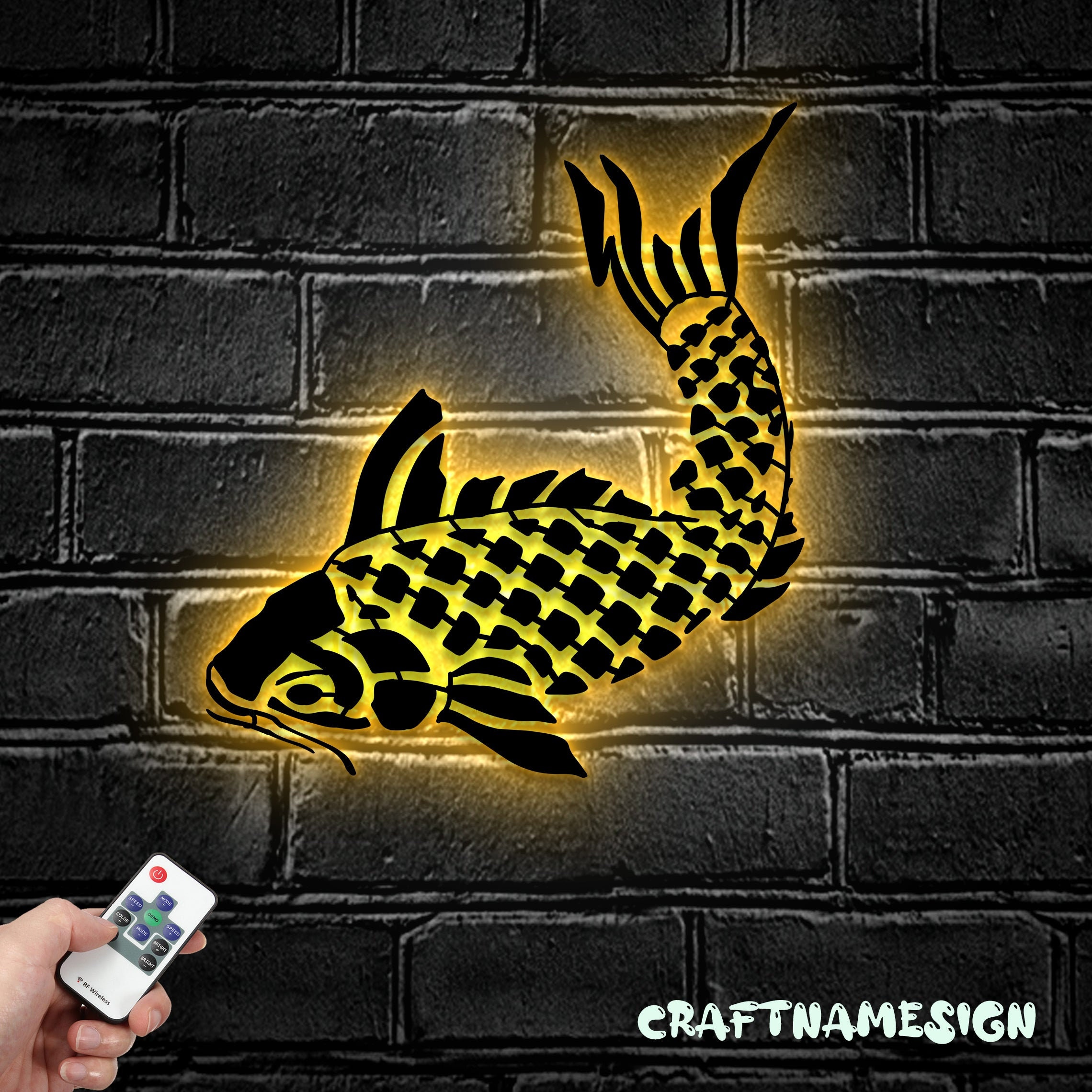 Goldfish Metal Wall Art LED Light Gold Fish Name Sign Home Decor