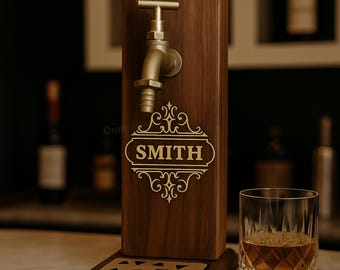 Gepersonaliseerde modern gegraveerde whiskydispenser houten bord, drankenkaraf, stijlvolle bourbondispenser voor thuisbar decor