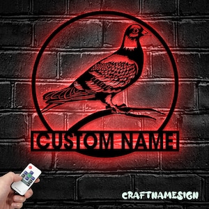 Custom Pigeon Peace Bird Metal Wall Art LED Light - Personalized Dove Pet Homing Bird Name Sign - Ideal for Home Decor & Gift