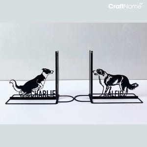 Personalized Border Collie Dog Metal Bookends, Custom Name Book Ends, Dog Book Stand Black Metal Art, Book Nook Office Decor for Book Lover