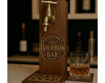 Dispensador de bourbon de madera con nombre grabado personalizado, elegante dispensador de whisky para decoración de hogar, bar o pub, decantador de bebidas, regalo para él
