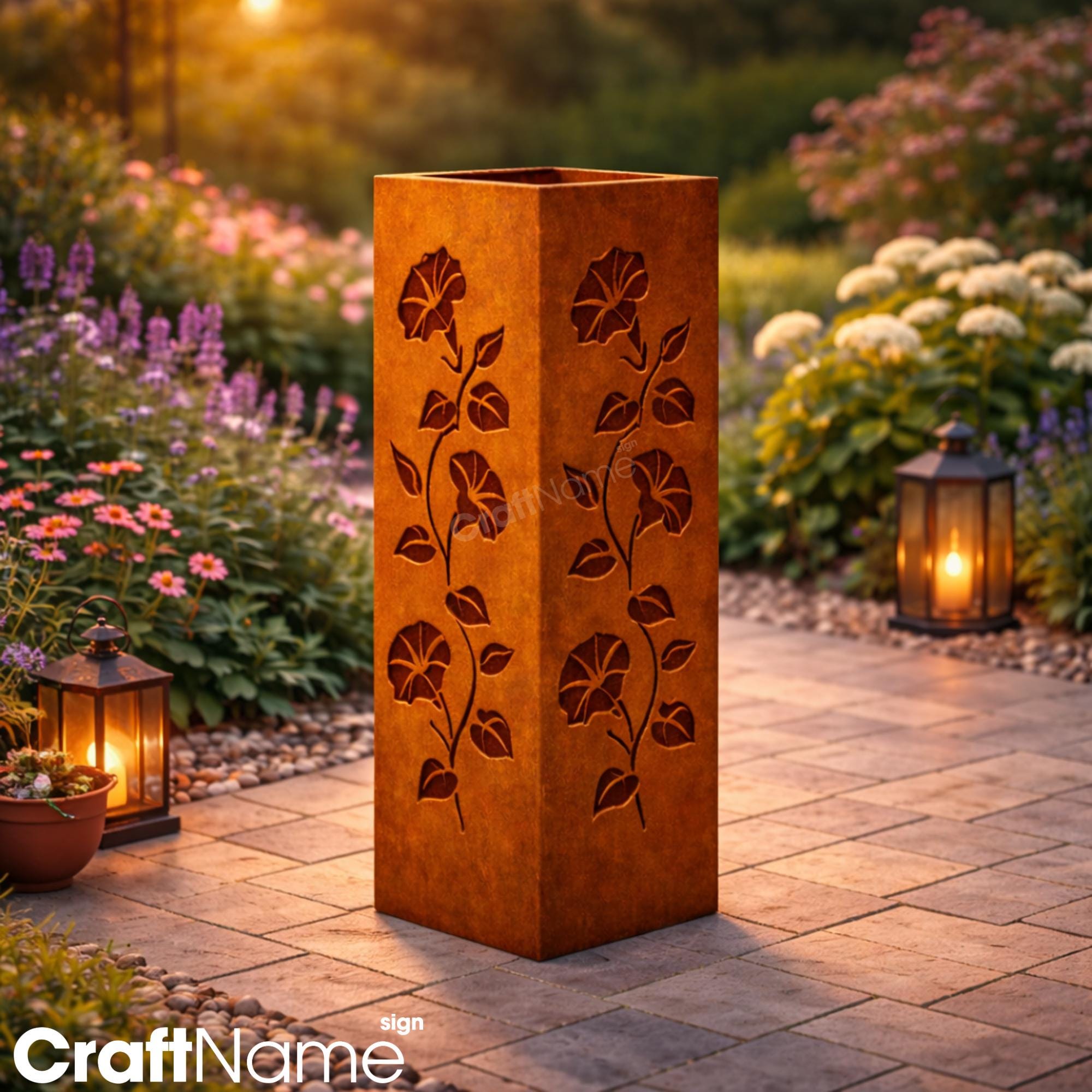 Rusty Column Rusty Metal Garden Column With Morning Glory Flower Vines, Outdoor ...