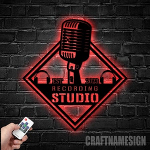 Custom Music Audio Studio Metal Wall Art LED Light | Personalized Microphone Headphones Name Sign | Home Decor Musical Musician Room