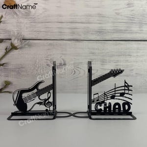 Custom Guitar Music Bookend Metal Sign, Guitarist Name Metal Book Ends, Book Stand Metal Art, Book Holder, Book Nook Office Decor