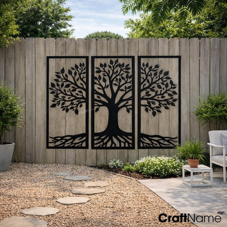 Set of 3 Tree Life Metal Wall Art, Laser Cut Outdoor Garden Fence Decor ...