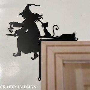 Witch Black Cat Broomstick Door Corner Metal Wall Art, Halloween Door Topper, Witch Door Hanging, Halloween Bedroom Door Decoration