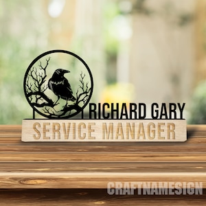 Custom Wooden Desk Name Plate for Raven Lovers, Raven Metal Nameplate for desk, Desk Nameplate, Office Decor, Desk Name Plate, New Job Gift