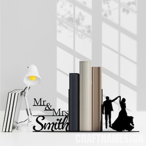 Custom Bookend Couple Wedding Metal Desk Decor, Personalized Name BookEnd, Book Stand Black Metal Art, Book Nook Office Decor for Book Lover