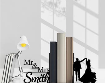Custom Bookend Couple Wedding Metal Desk Decor, Personalized Name BookEnd, Book Stand Black Metal Art, Book Nook Office Decor for Book Lover