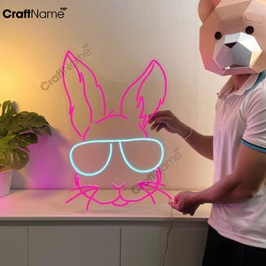 Luz de neón de conejo con gafas de sol, luz LED de conejo, letrero de neón personalizado para decoración de habitación de niños, arte de pared de conejito para el día de Pascua, letrero de feliz día de Pascua